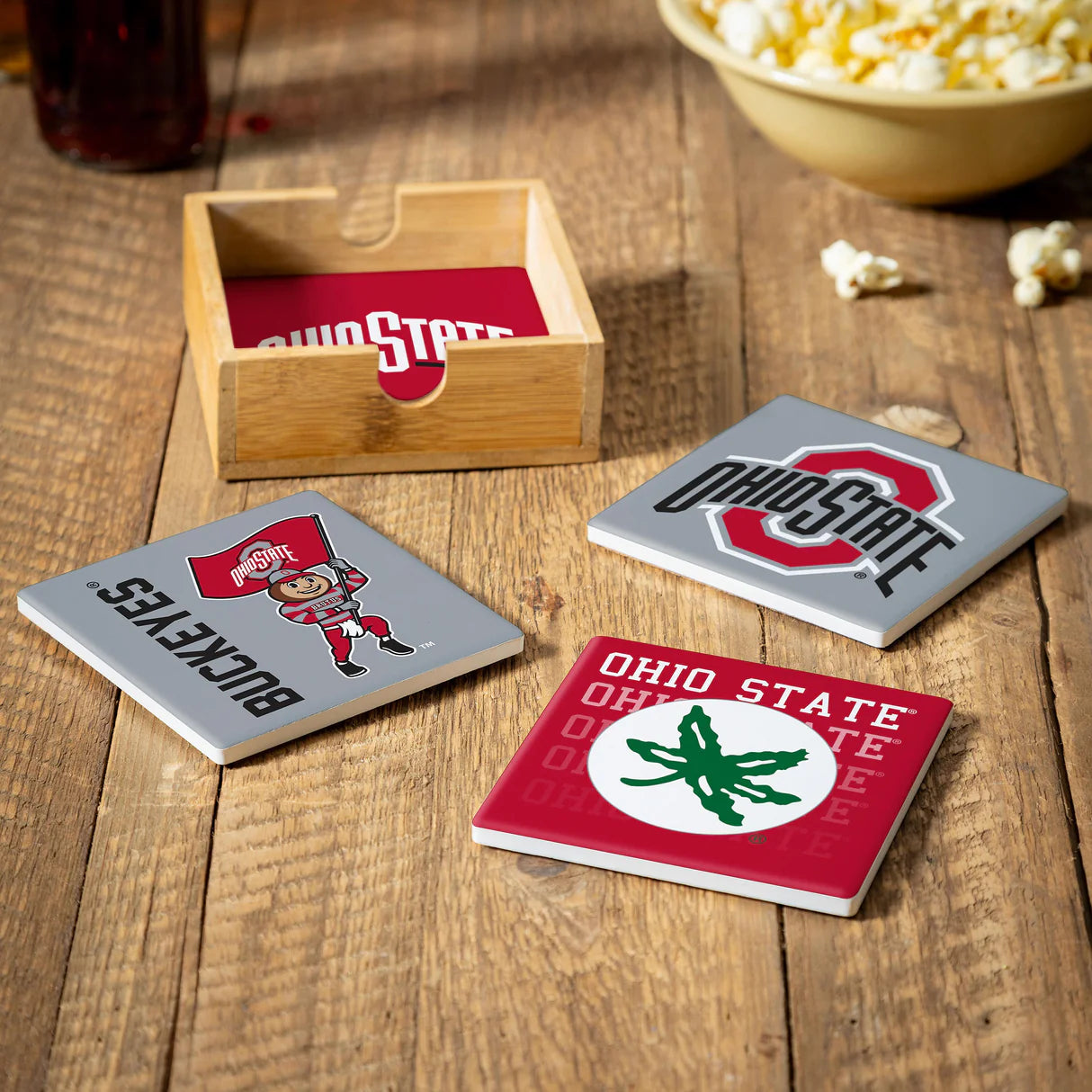 Ohio State University 4pc Ceramic Coaster Set with Wood Caddy – NCAA Team Logo Decor