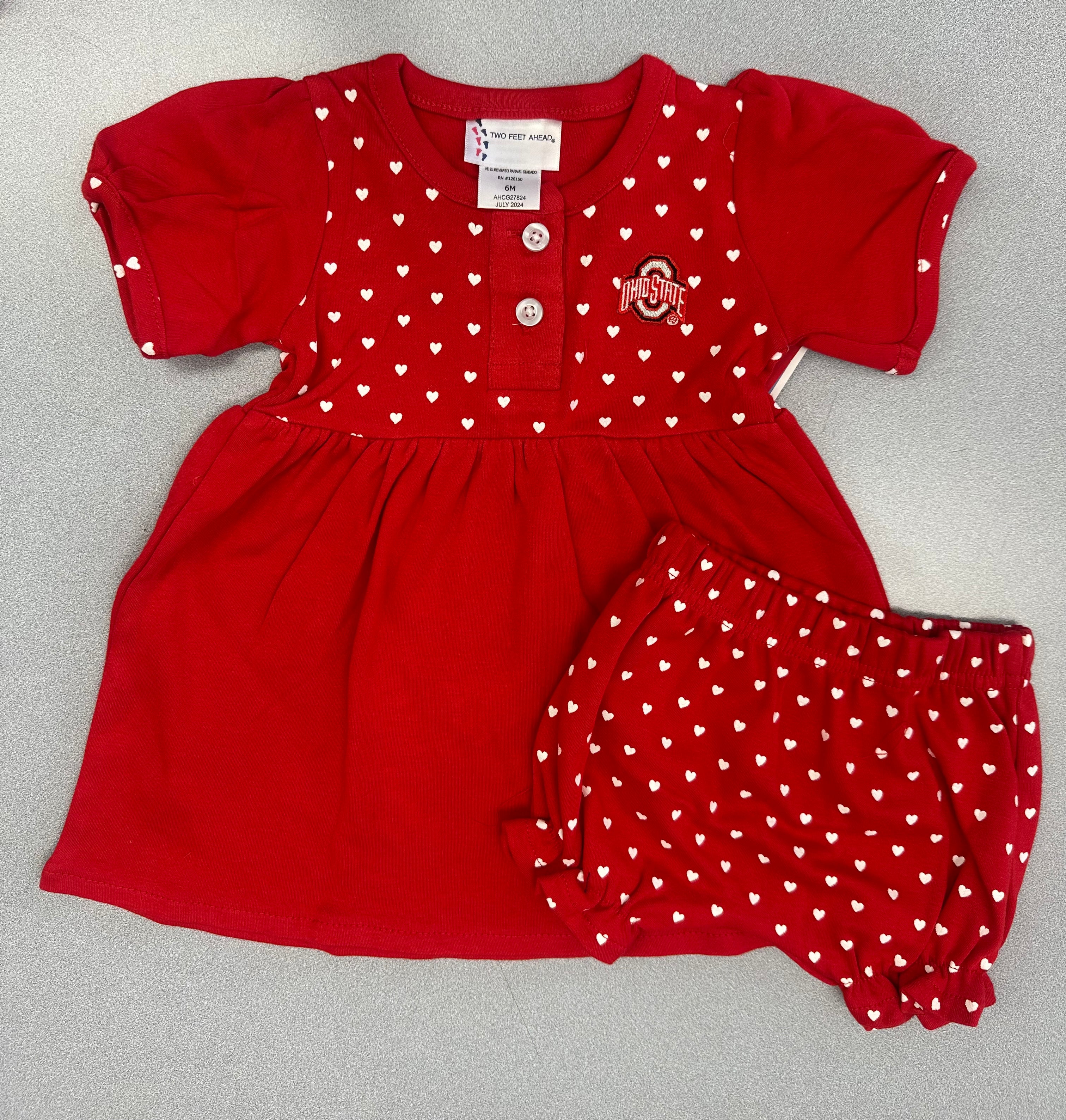 carlet and gray Ohio State heart sundress with bloomers for infants
