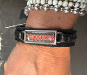 Durable Buckeye fan bracelet in black leather with logo plate