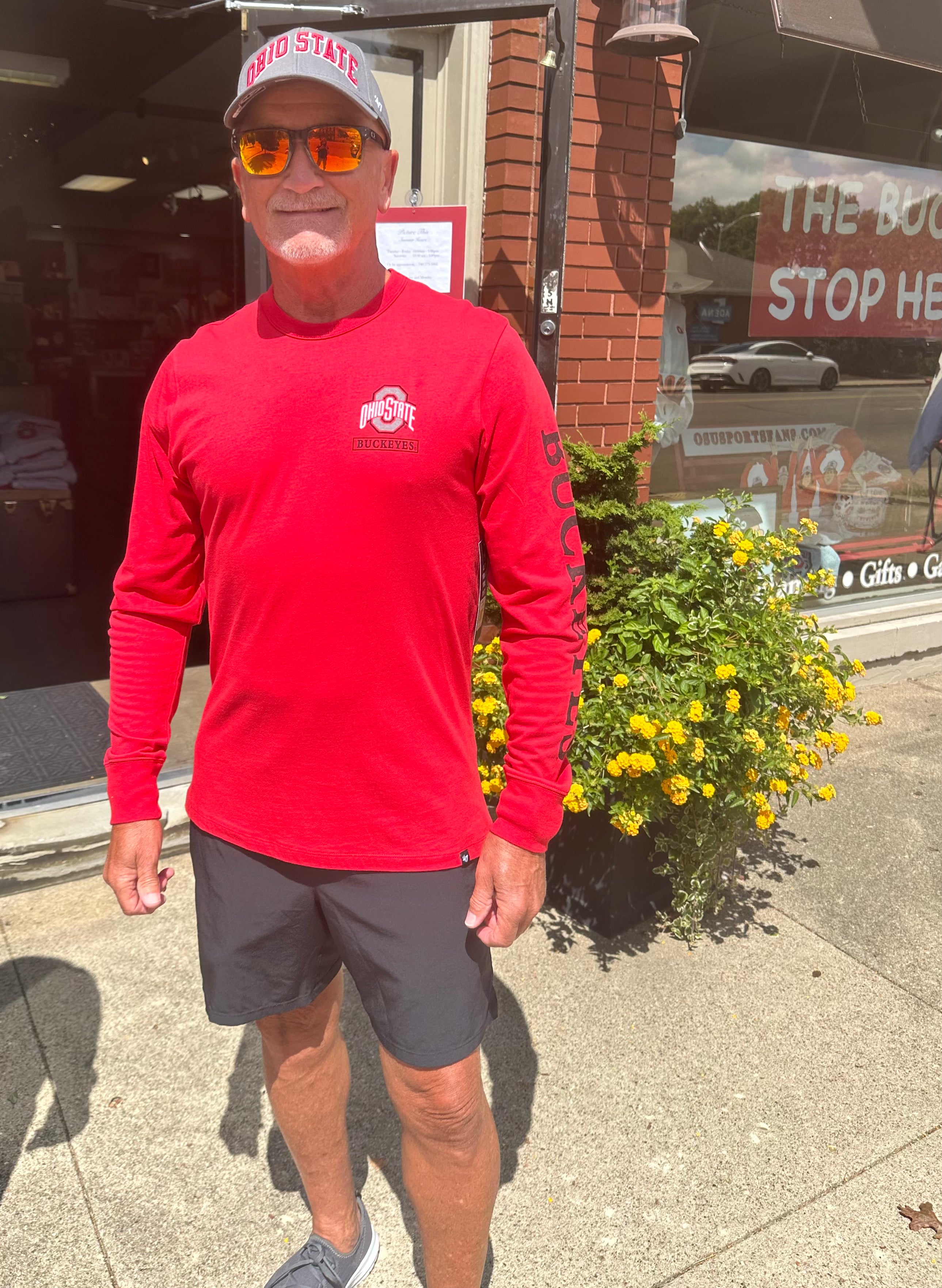 staffer wearing buckeye pullover long sleeve shirt