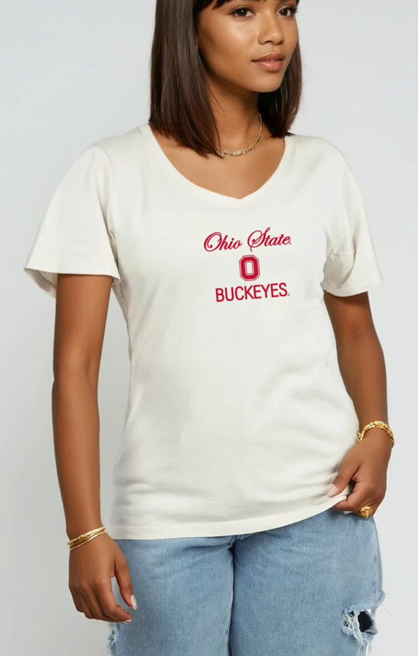 Ohio State Buckeye Laguna V-neck tee on woman