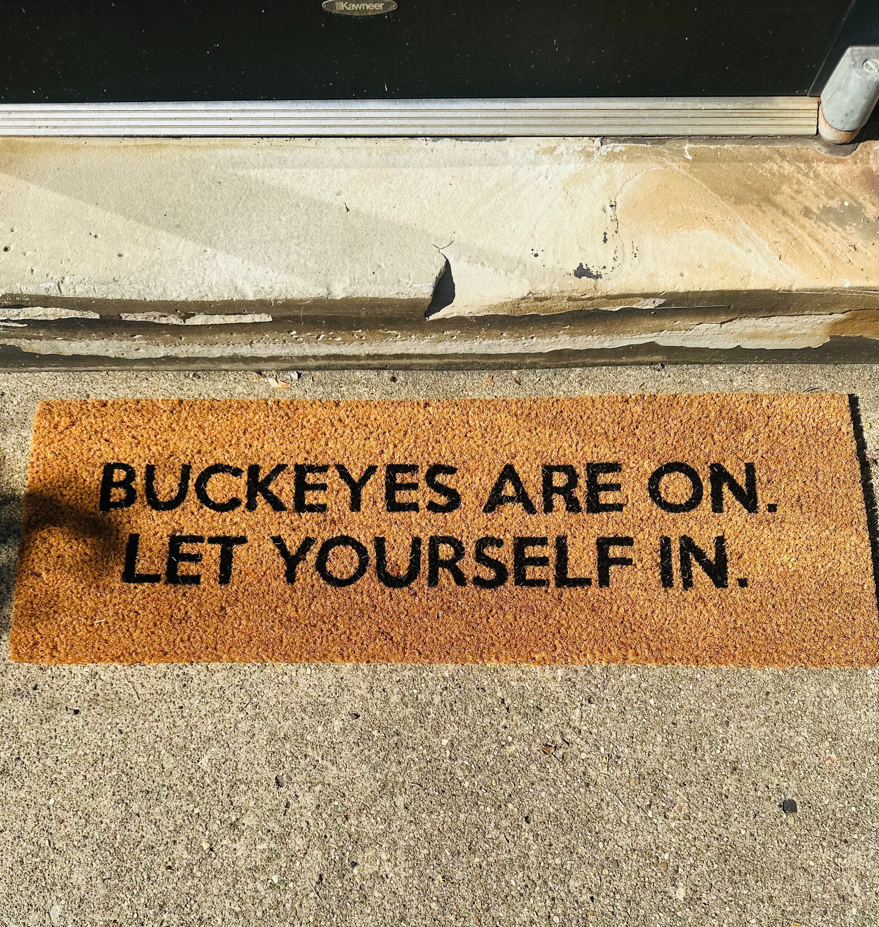 Scarlet and Gray Ohio State fan doormat with rubber backing