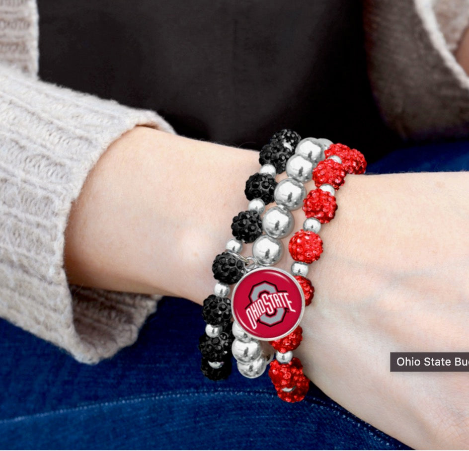 Ohio State University stacked beaded bracelet with bling logo charm