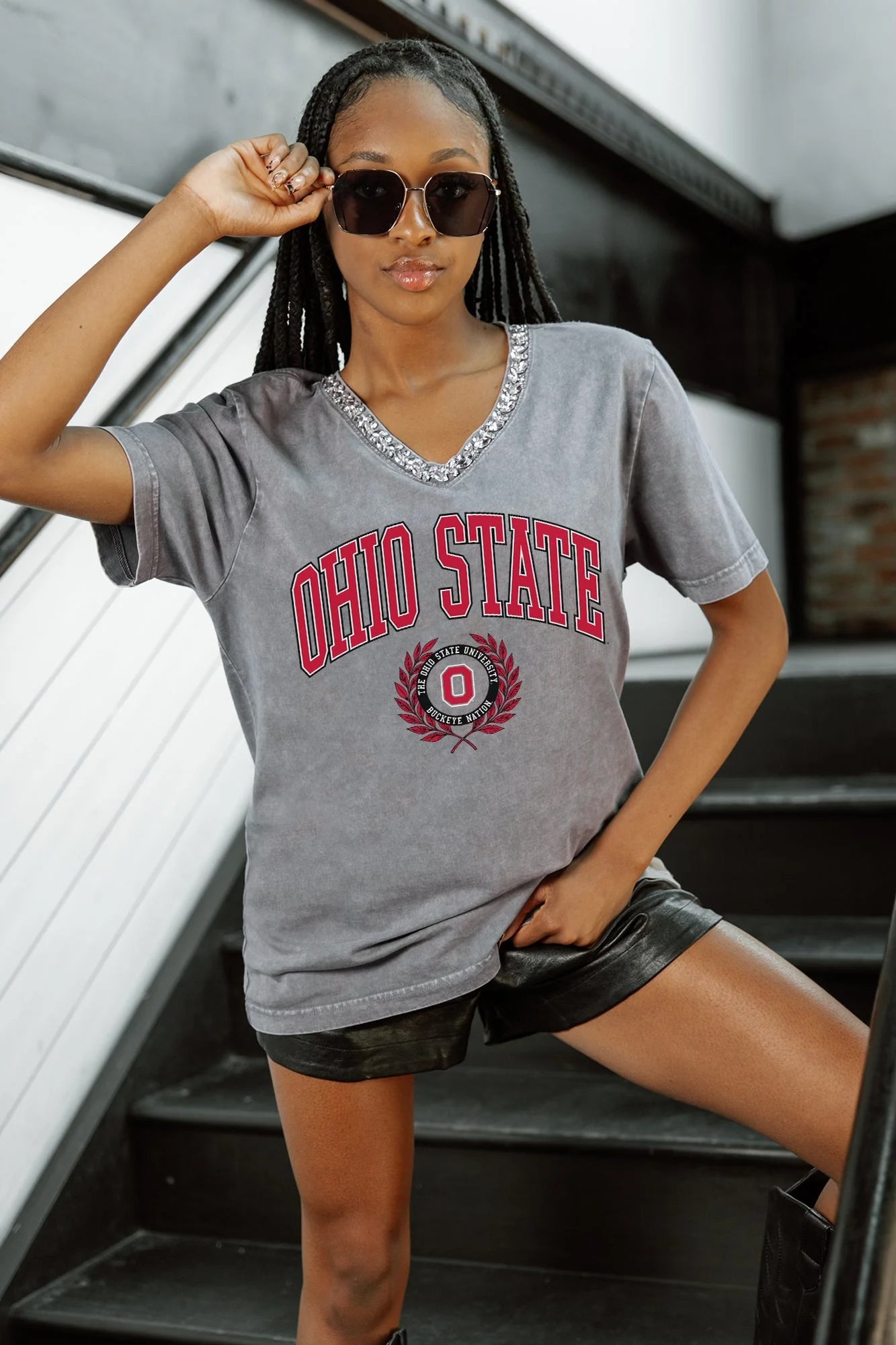 Soft washed cotton Buckeyes V-neck shirt with jeweled trim