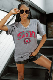 Soft washed cotton Buckeyes V-neck shirt with jeweled trim