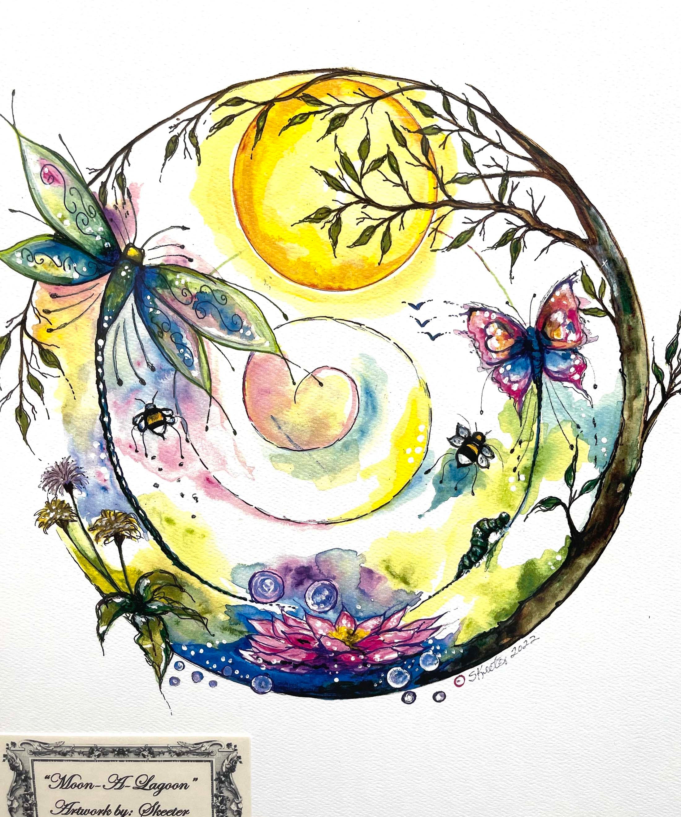 ACRYLIC PRINT, DRAGON FLIES AND WHIMCYCLE FLOWERS