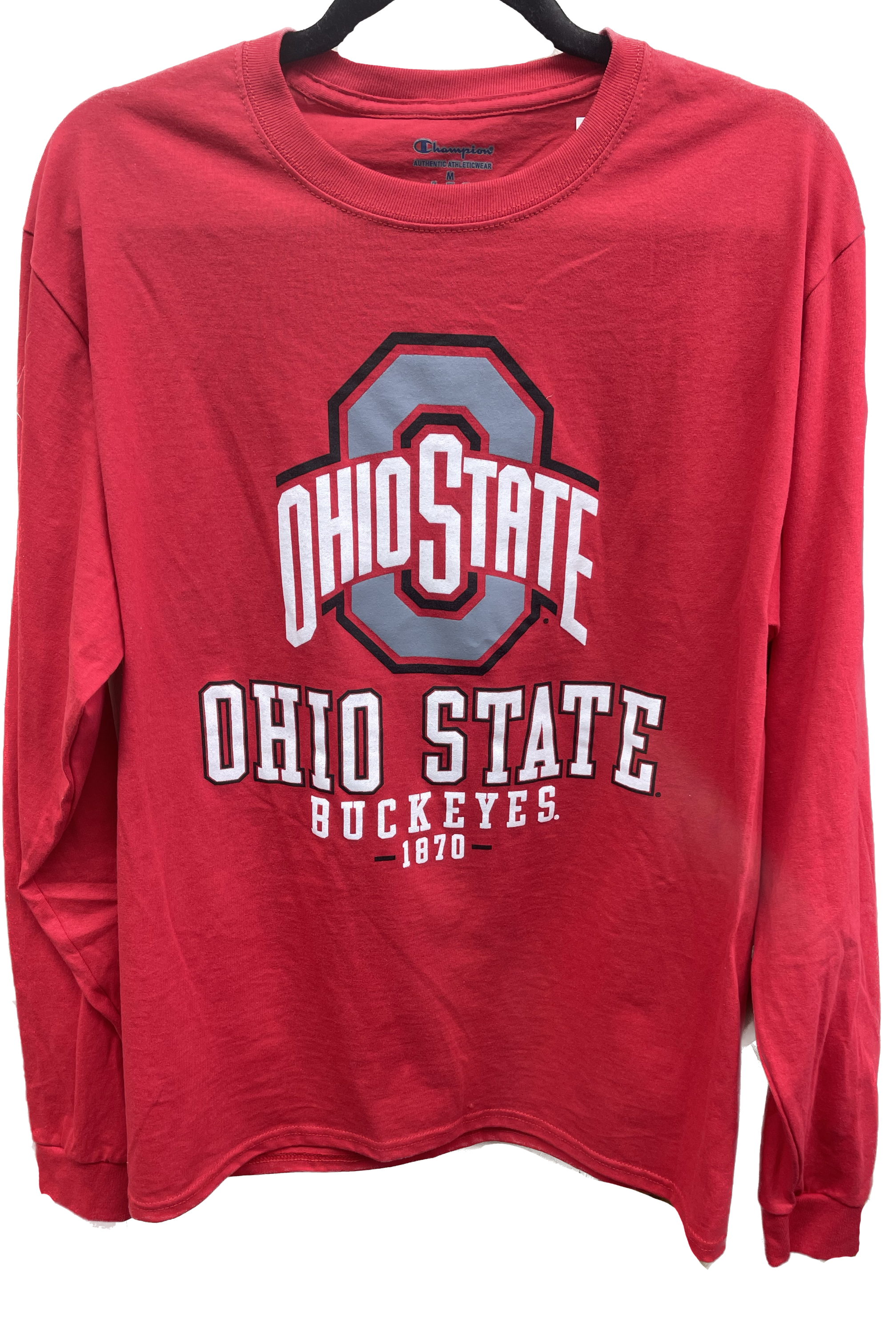 Ohio State University Athletic logo, Ohio State Buckeyes, 1870 long sleeve tee, Champion, high quality athletic wear, authentic, Officially Licensed Merchandise, The Ohio State University Buckeyes, NCAA.