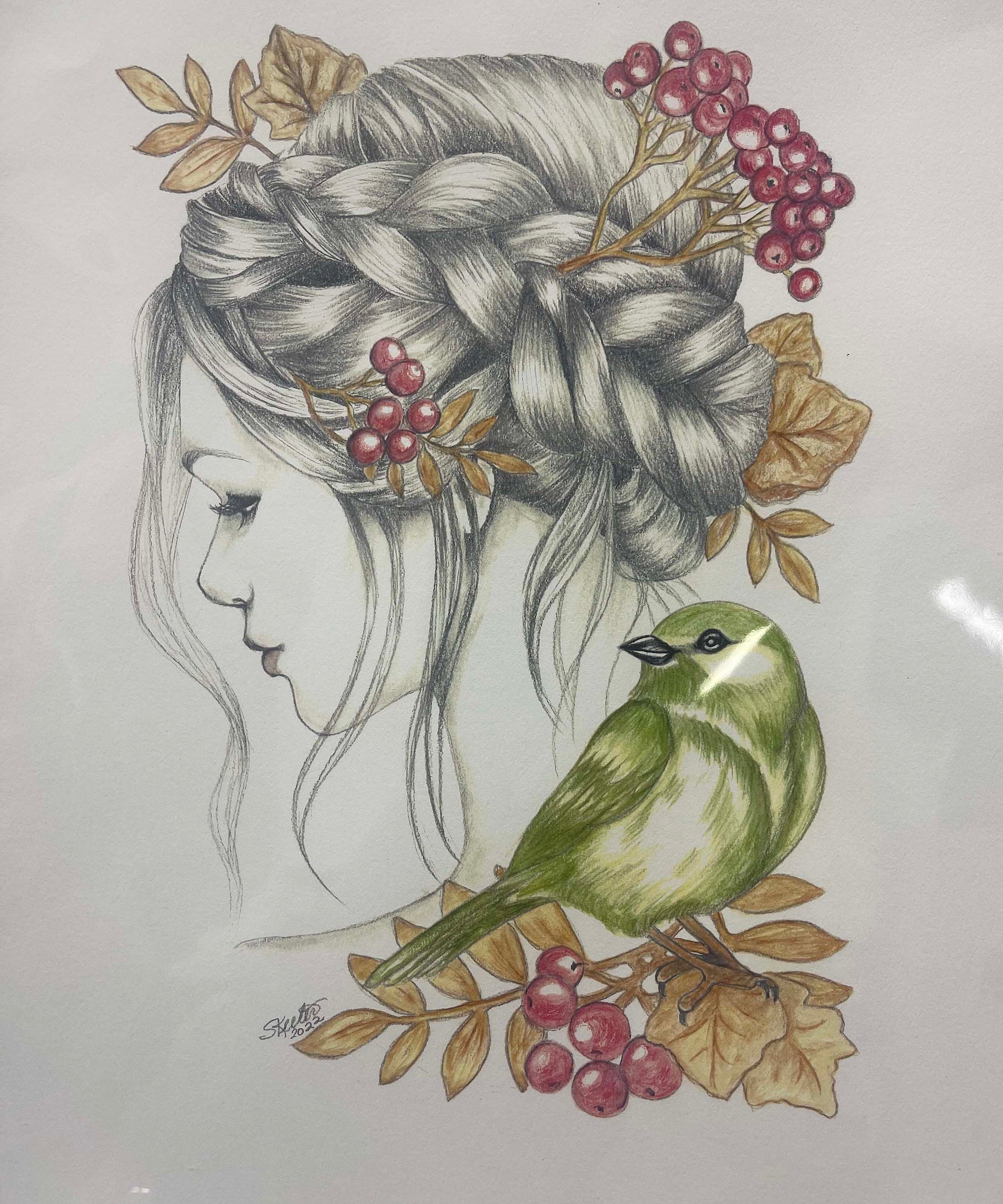 watercolor, women with berries in hair, bird on shoulder
