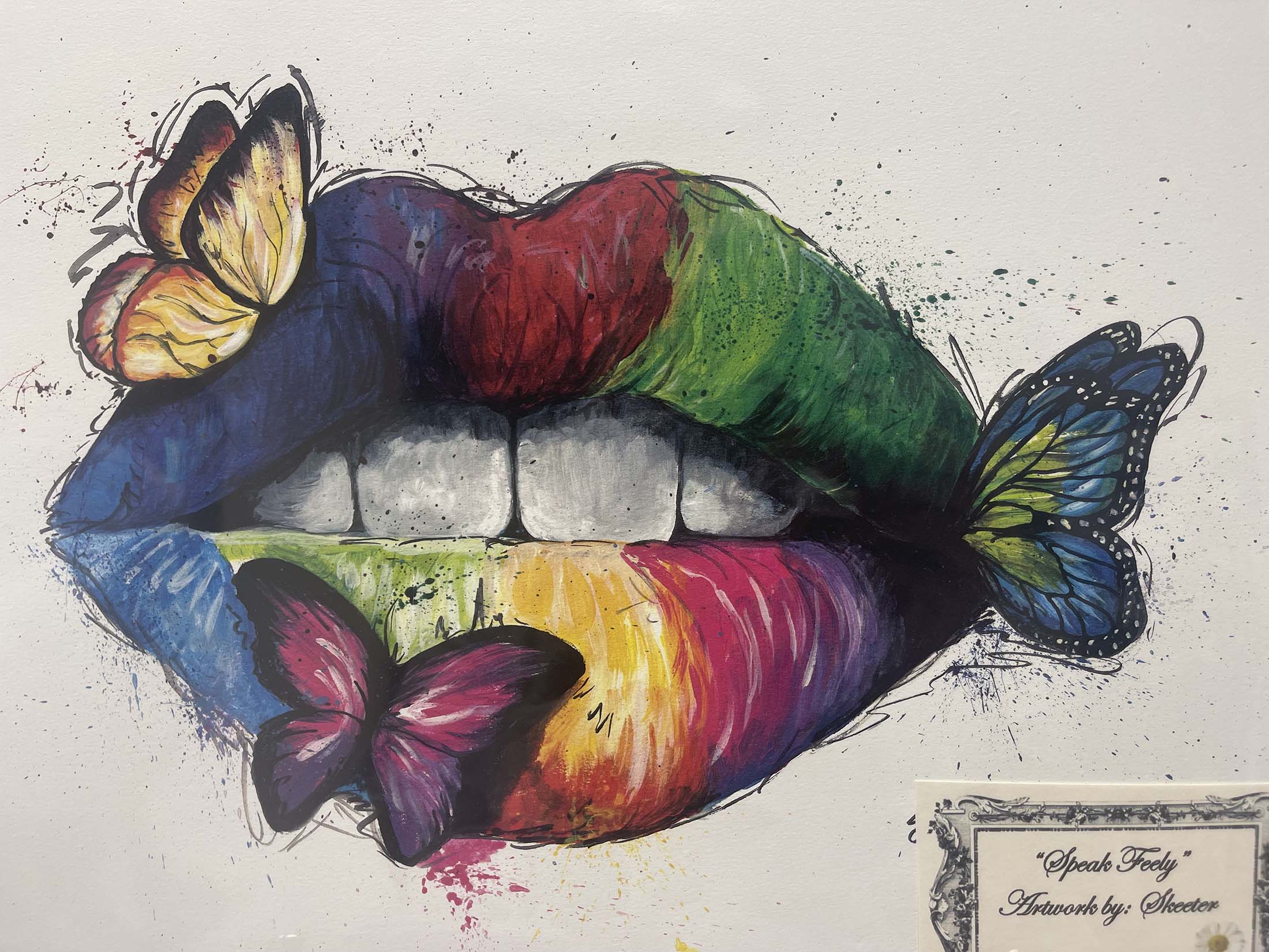 watercolor, lips, rainbow colors, butterflies