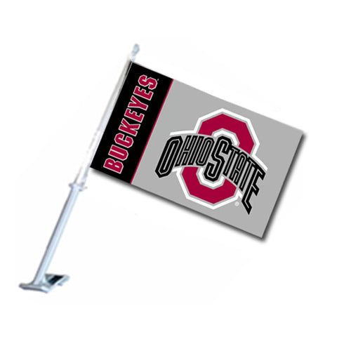 Ohio State Buckeyes car flag with a black background and red and white logo.