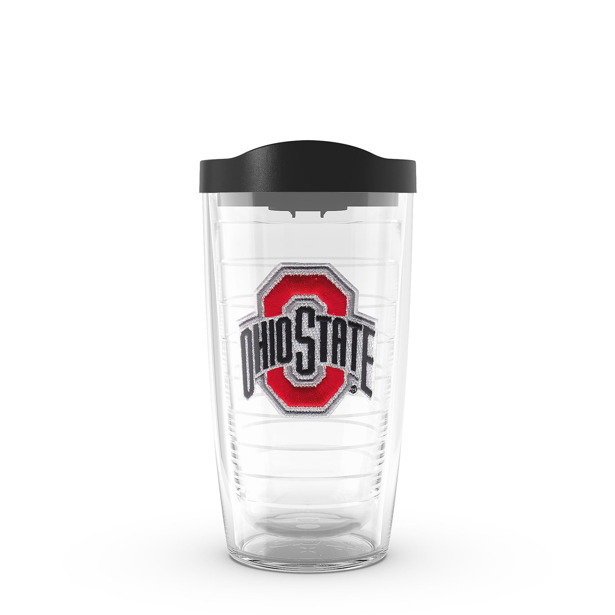 A clear plastic travel tumbler with a black lid, featuring the red and gray Ohio State Buckeyes logo printed on the front, set against a plain white background.
