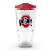 A clear double-walled tumbler with a red lid and a large red, gray, and black Ohio State Buckeyes logo on the front, shown on a white background.