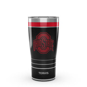 A black insulated travel tumbler with a silver lid, featuring the red Ohio State Buckeyes logo and 'TERVIS' printed on the front, set against a plain white background.