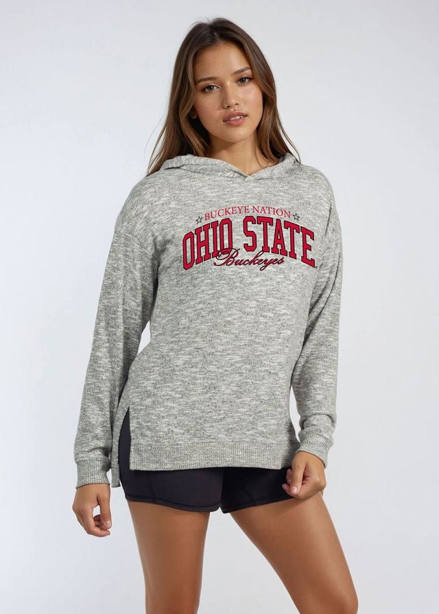 A woman modeling a heather gray hooded sweatshirt with 'OHIO STATE Buckeyes' printed in red and black across the chest, paired with black athletic shorts, against a light gray studio background.