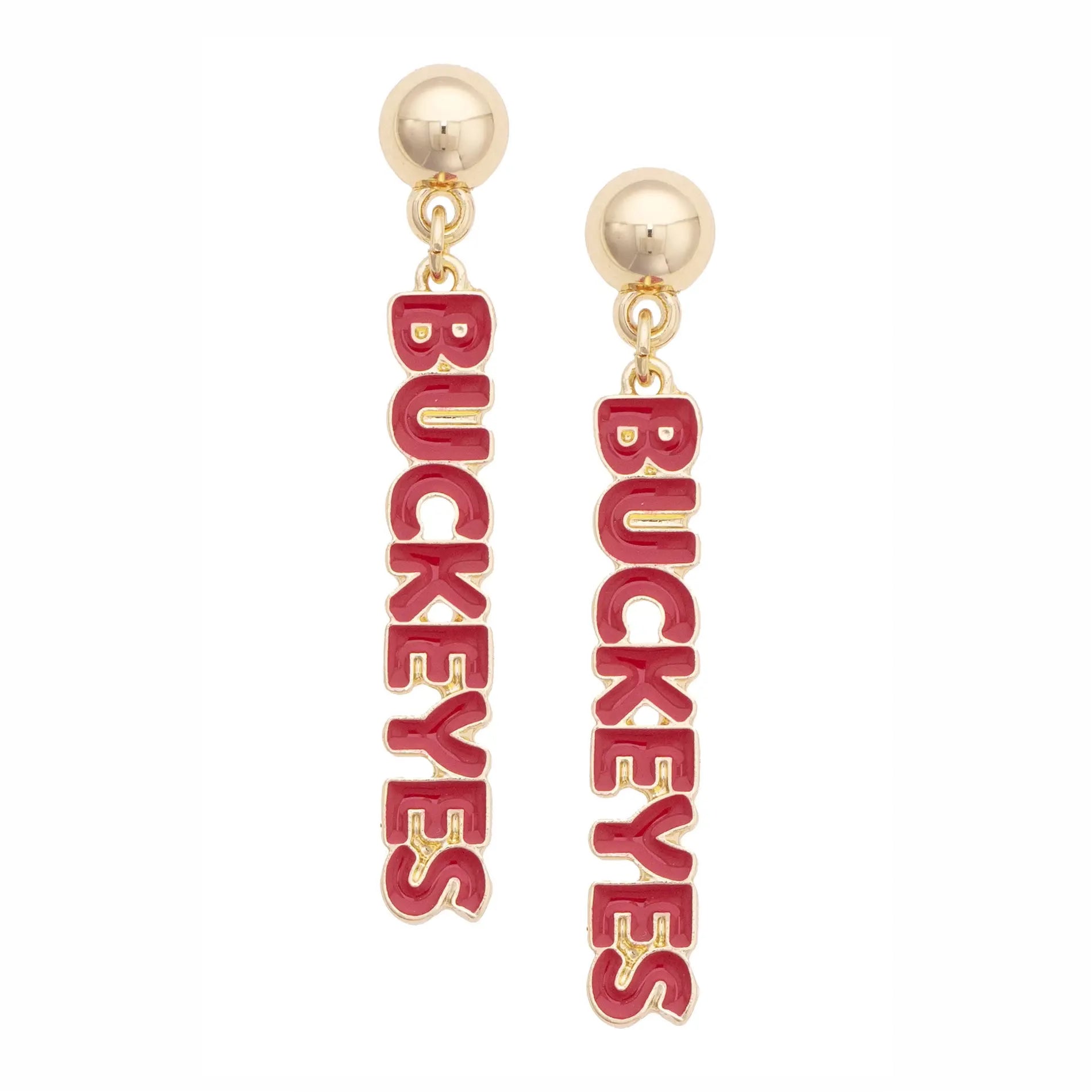 A pair of gold-tone drop earrings featuring the word 'BUCKEYES' in red enamel lettering, shown against a plain white background.