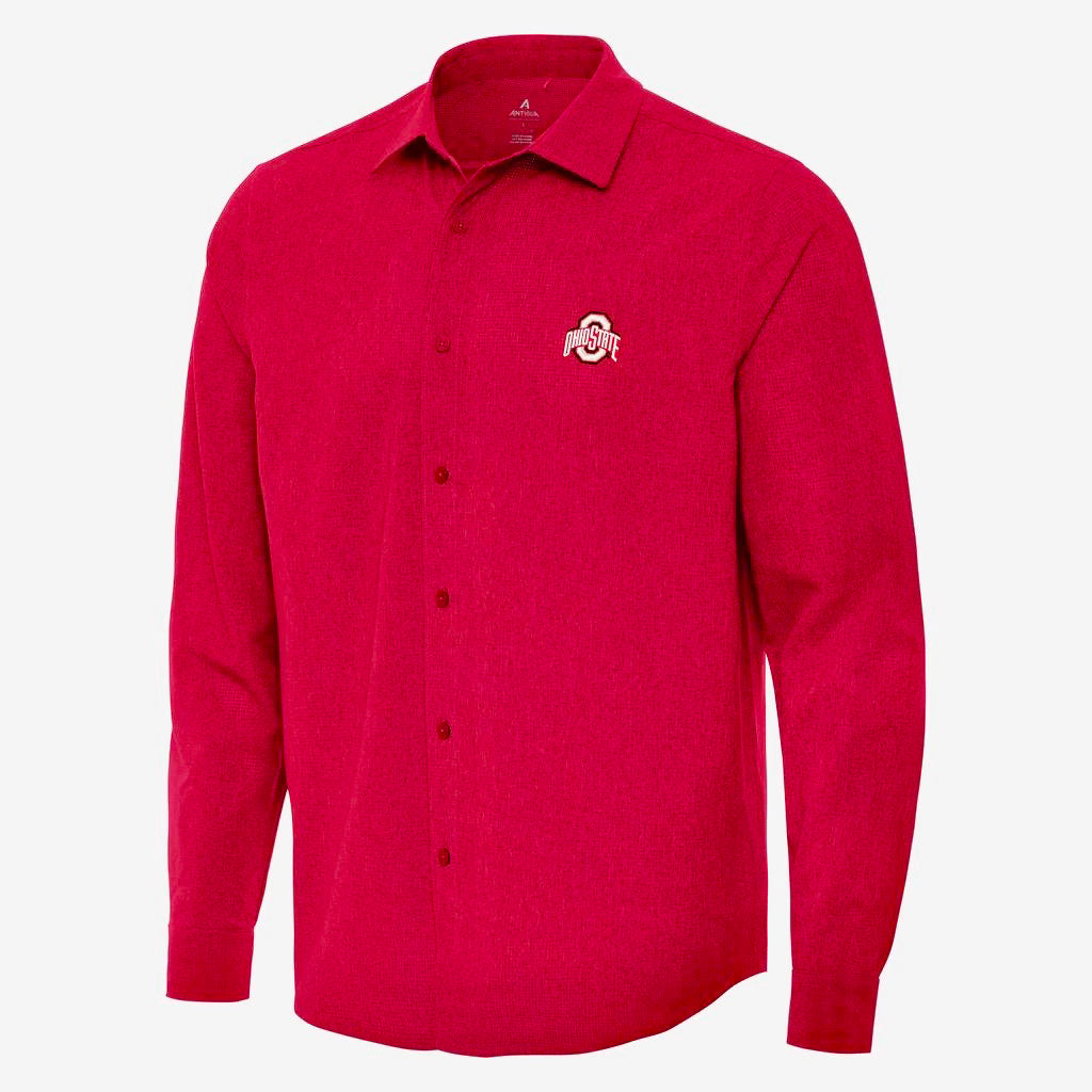 Ohio State Exposure Long Sleeve Woven Button-Down – Red by Antigua