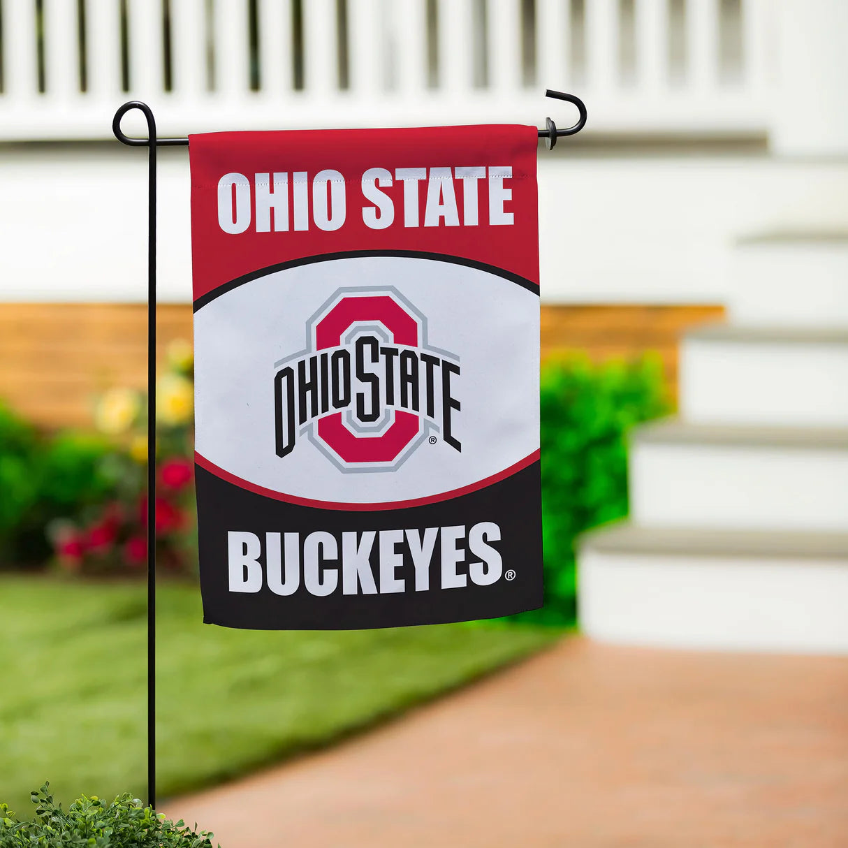 Ohio State University suede garden flag with double-sided logo and team colors – weatherproof game day decor