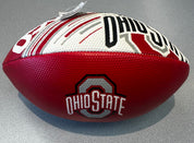 Red and white football with Ohio State logo on a gray background