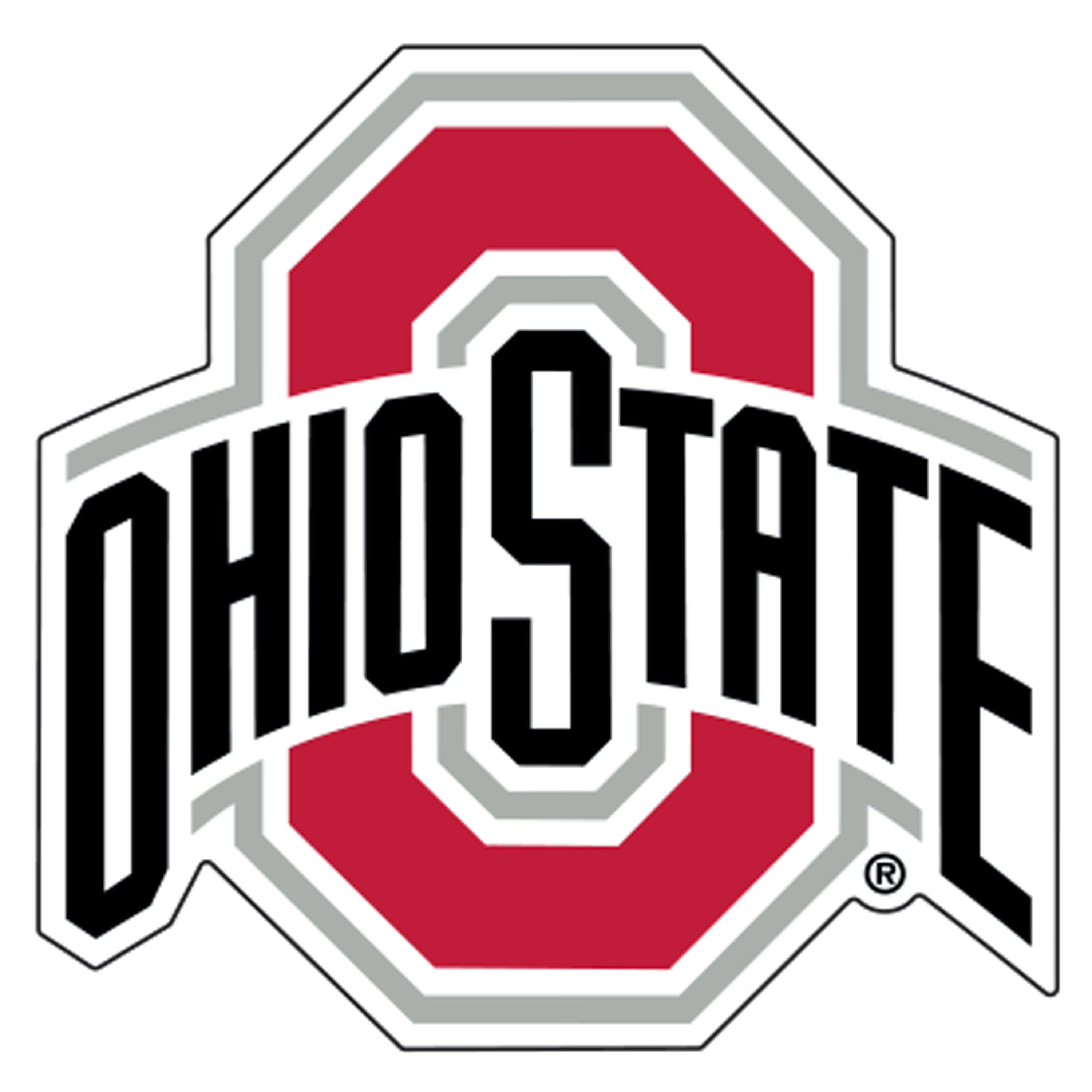 Ohio State Buckeyes logo decal featuring the red block 'O' with 'OHIOSTATE' in black arched text over a white, gray, and red shield outline on a white background.