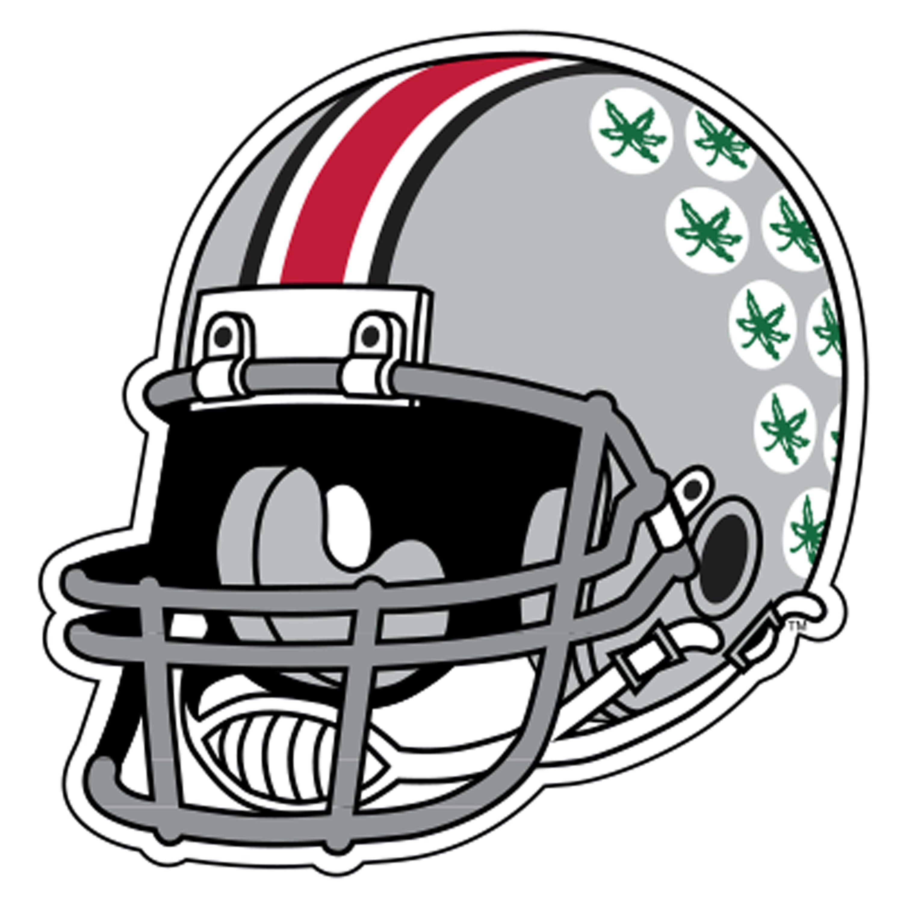 A die-cut sticker of a football helmet featuring a gray body, a black faceguard, a red and white stripe on top, and green leaf motifs on the side, shown on a plain white background.