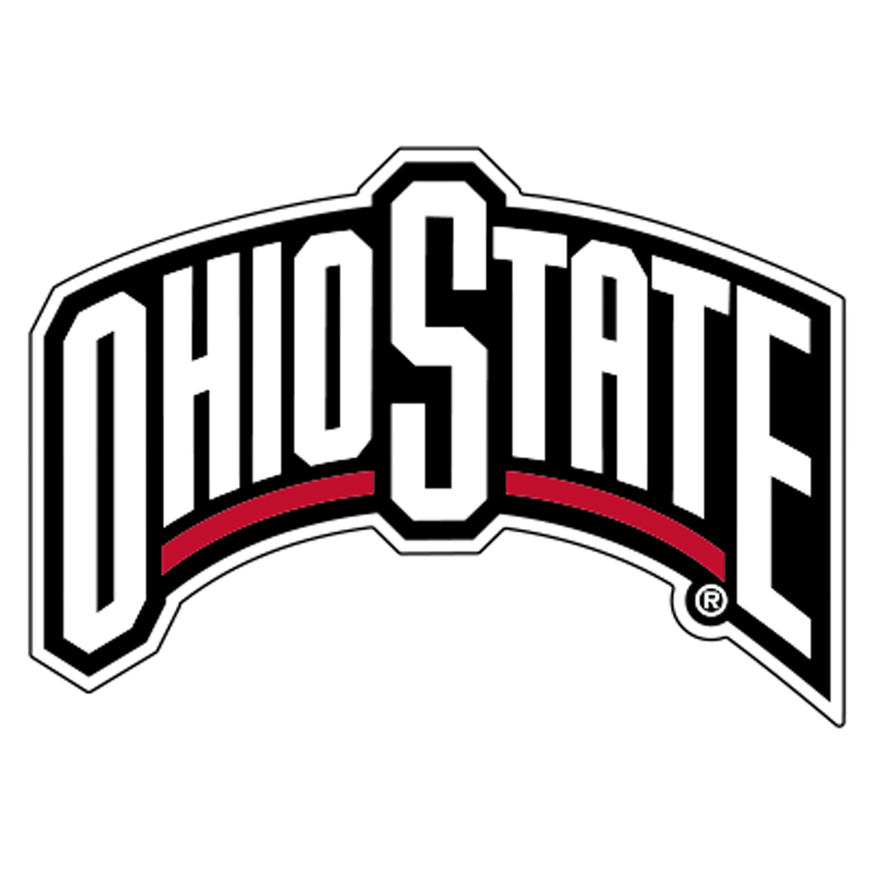 The official Ohio State Buckeyes logo, featuring the words 'OHIO STATE' in bold white block letters with a black outline and a red accent stripe, set against a plain white background.