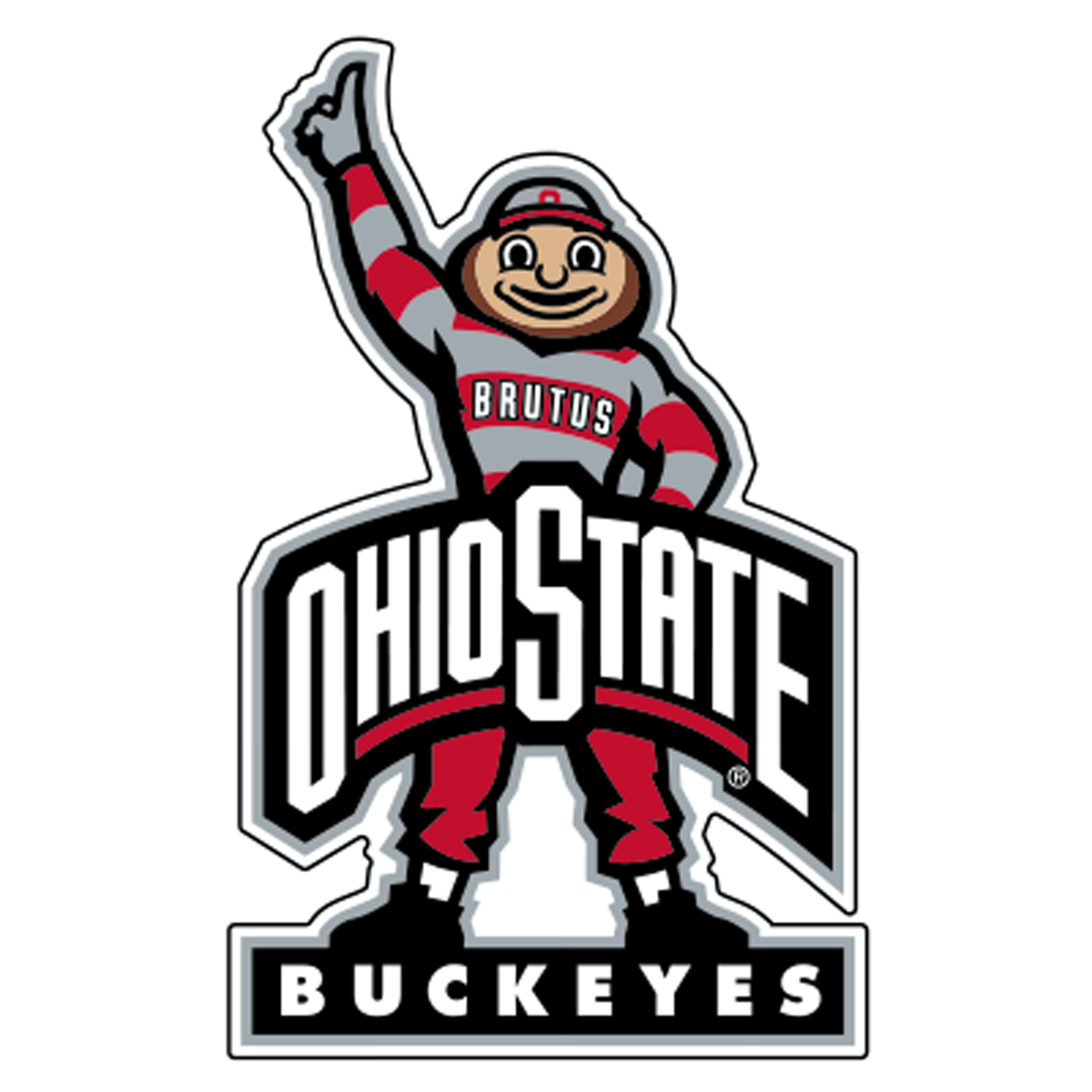 Ohio State Buckeyes mascot logo decal featuring the Buckeye character in a red, gray, and white uniform with 'OHIO STATE' and 'BUCKEYES' text on a white background.