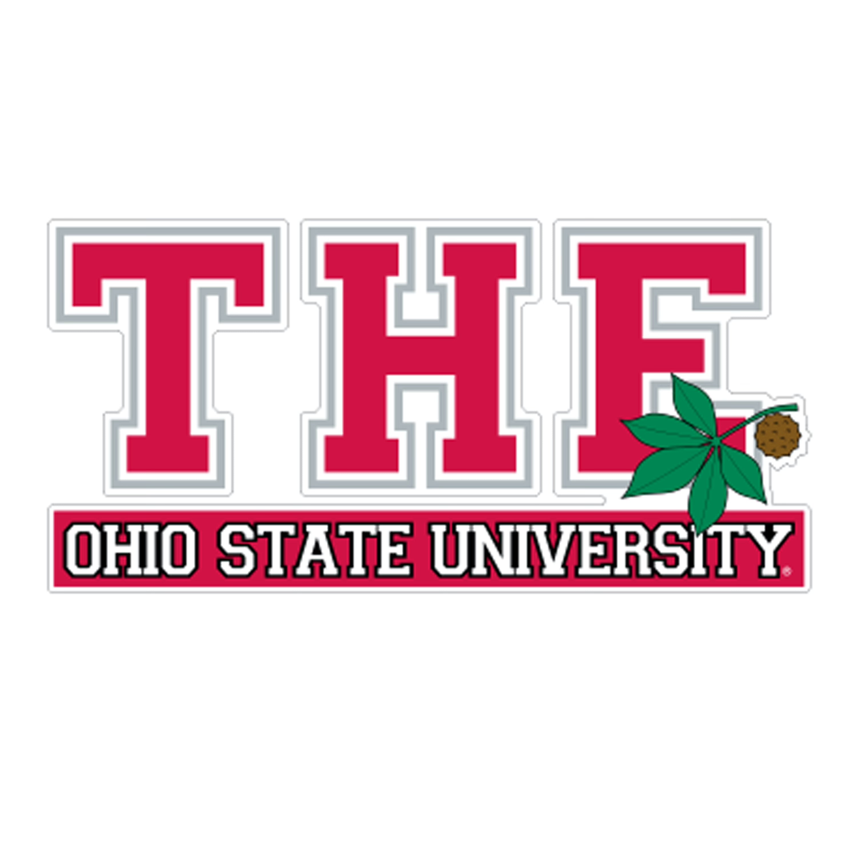 A die-cut sticker featuring the text 'THE OHIO STATE UNIVERSITY' in red and white block letters, with a green leaf graphic and brown ginkgo biloba fruit on the letter E, shown on a plain white background.
