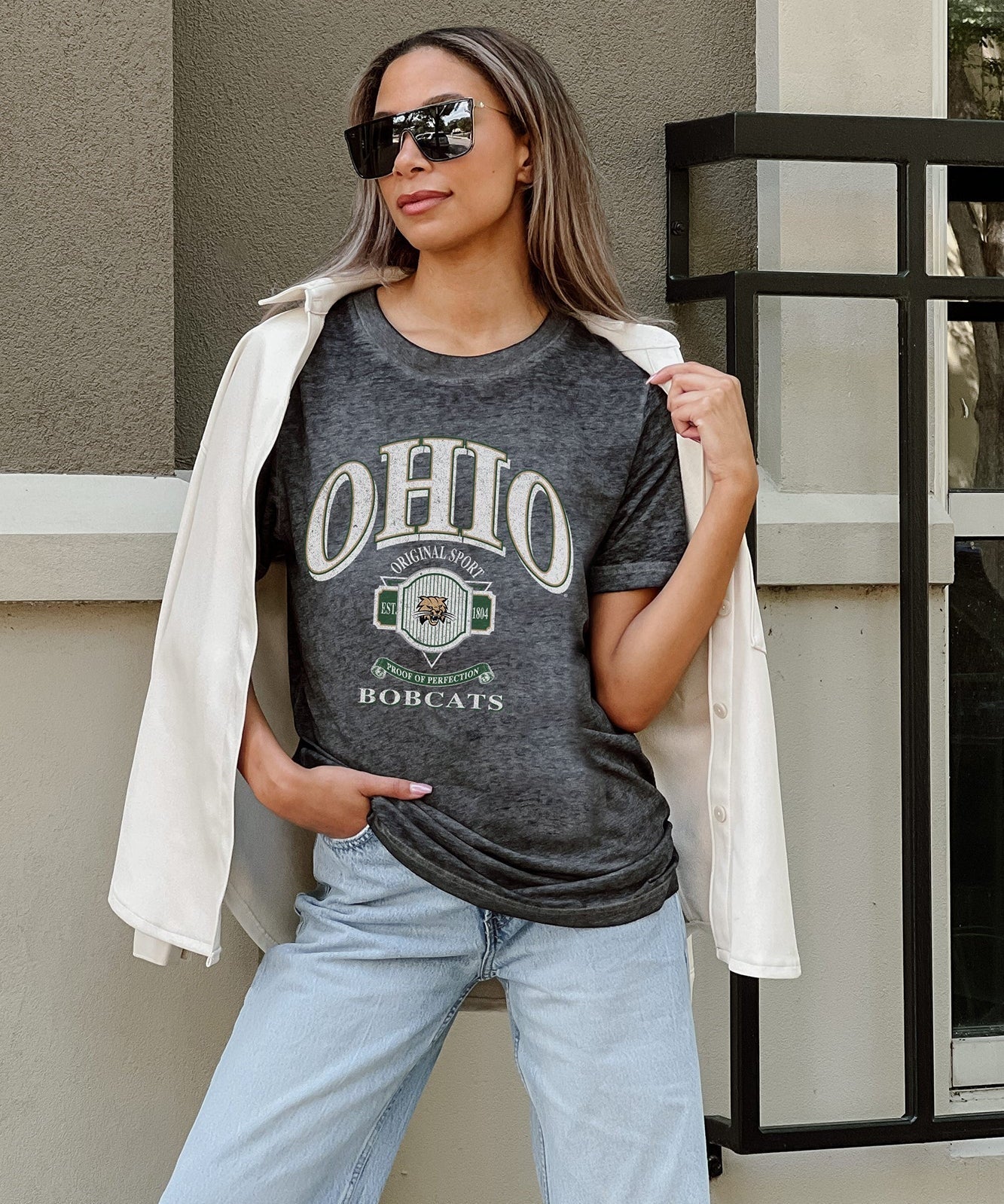 front of Ohio Bobcats Switch It Up Acid Wash Boyfriend Tee