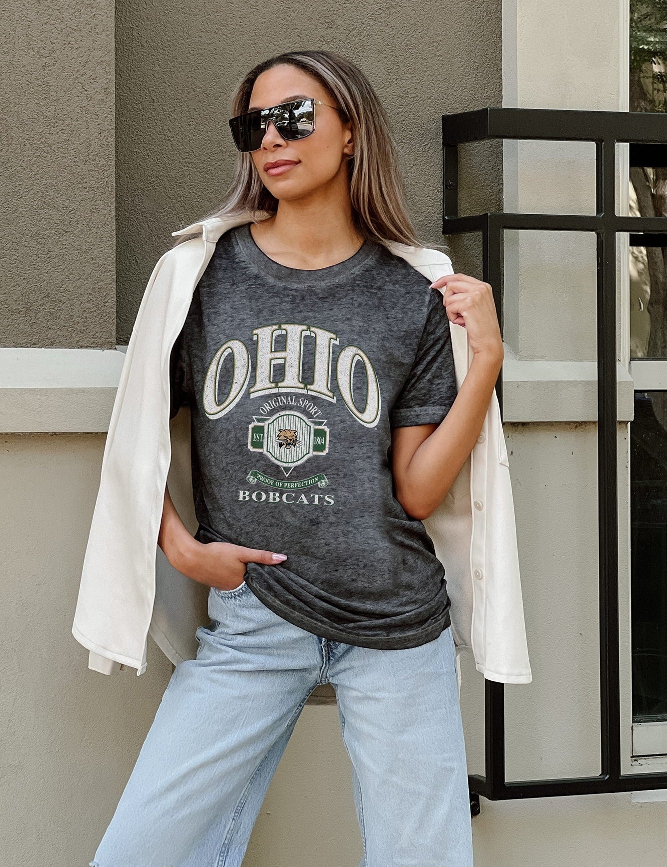 front of Ohio Bobcats Switch It Up Acid Wash Boyfriend Tee