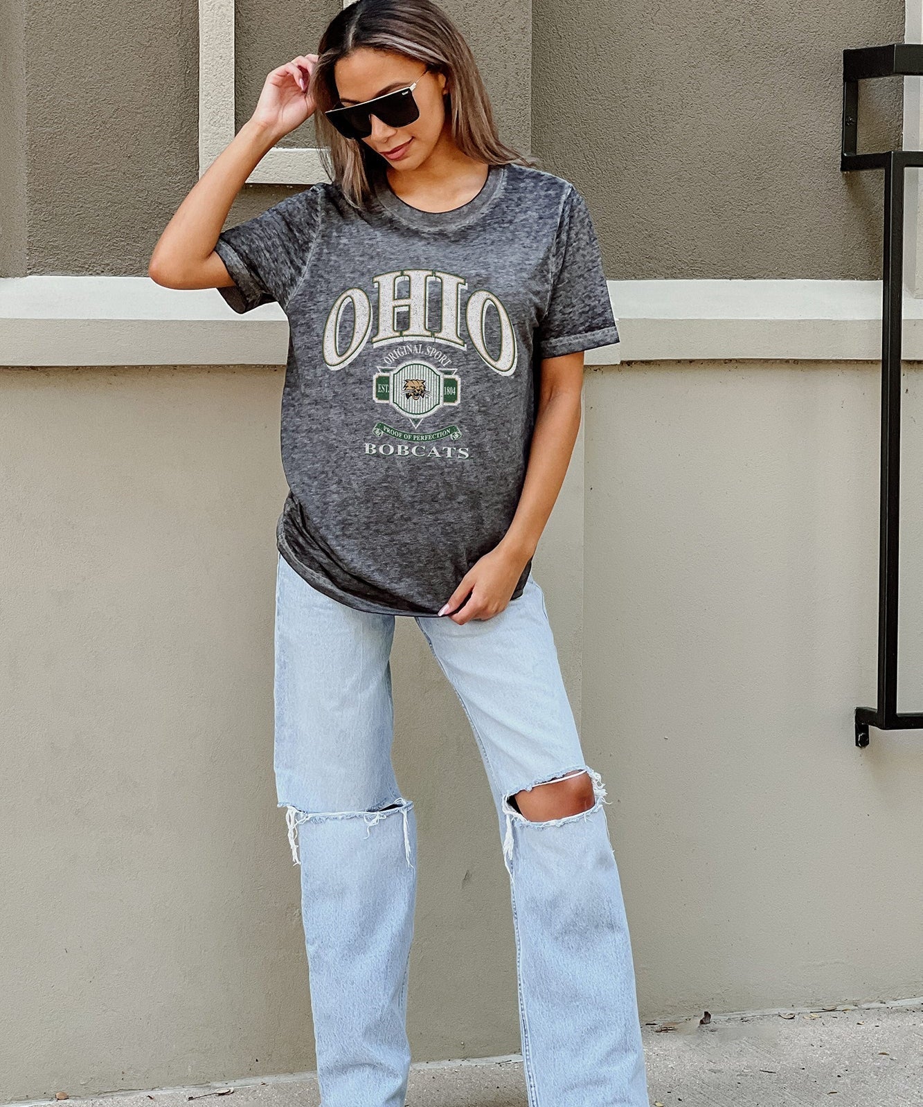 side of Ohio Bobcats Switch It Up Acid Wash Boyfriend Tee