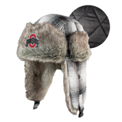 Fur-trimmed hat with plaid pattern and Ohio State logo on a white background