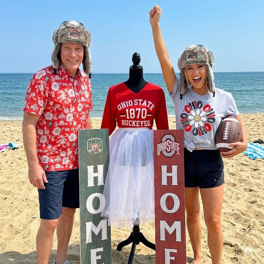 Two people on a beach with Ohio State-themed items and signs.