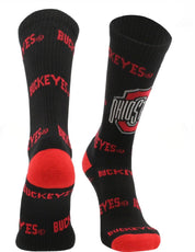 Black socks with red accents and 'Buckeyes' text on a white background