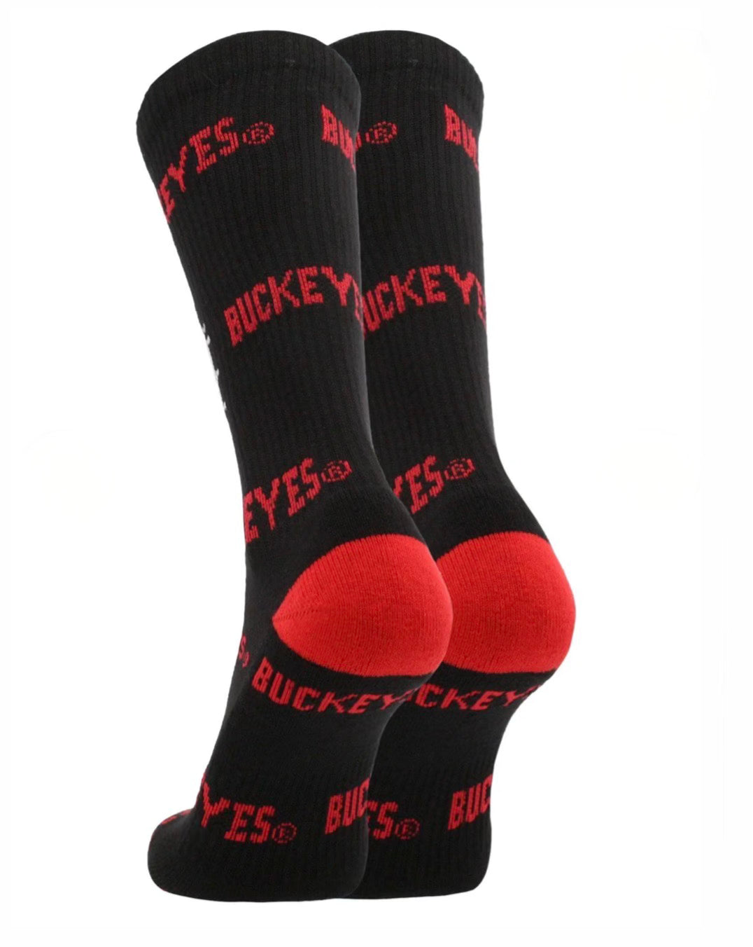 Black socks with red accents and text on a white background