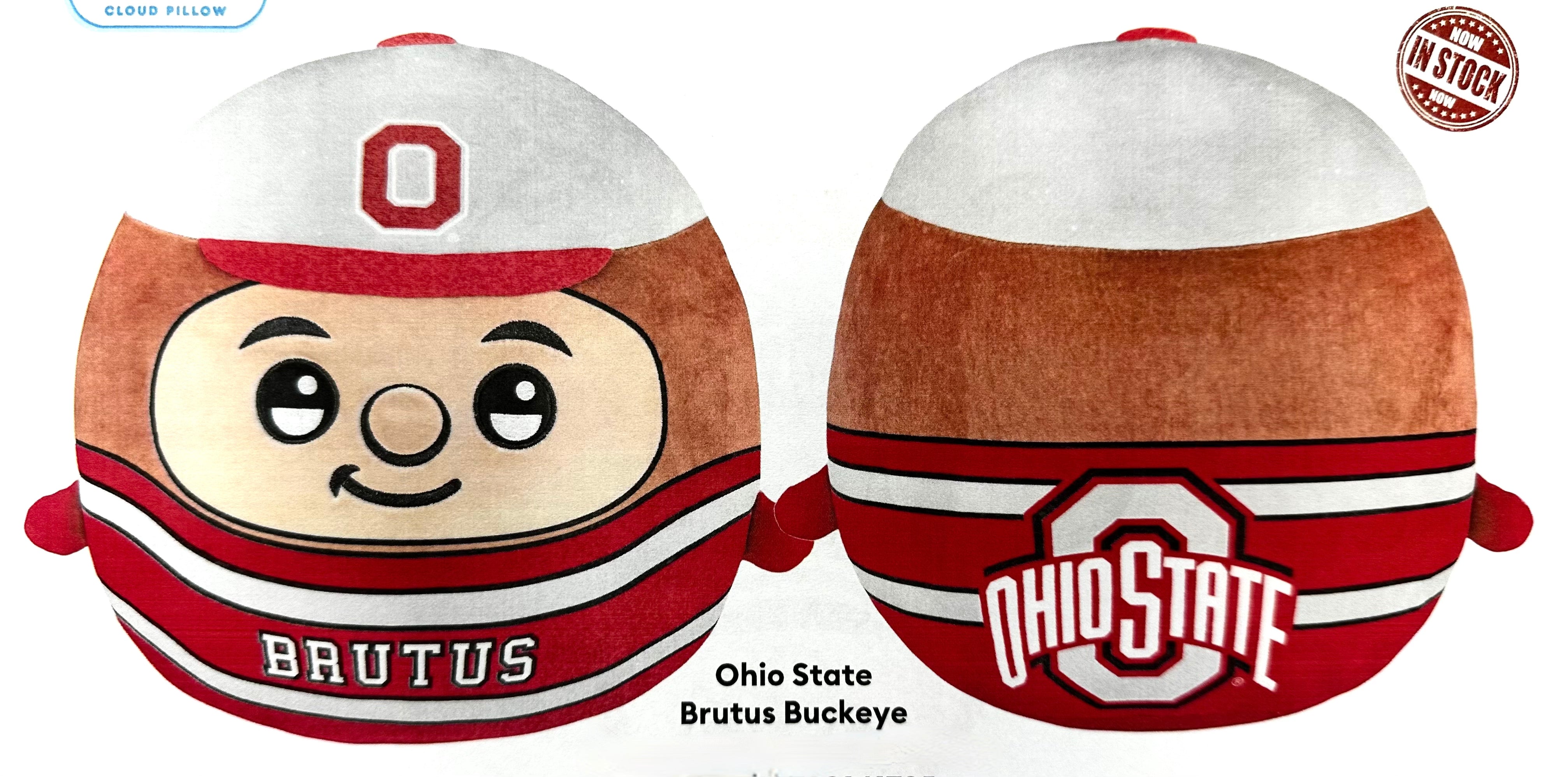 Plush toy resembling Brutus Buckeye from Ohio State with a smiling face and helmet.