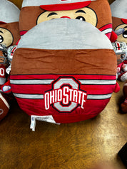Ohio State-themed pillow on a wooden surface with other items in the background