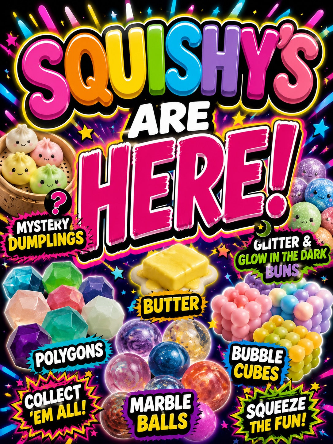 Promotional graphic for 'Squishy's' products with colorful text and images of various squishy items.