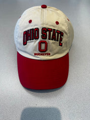 White and red Ohio State cap on a gray background