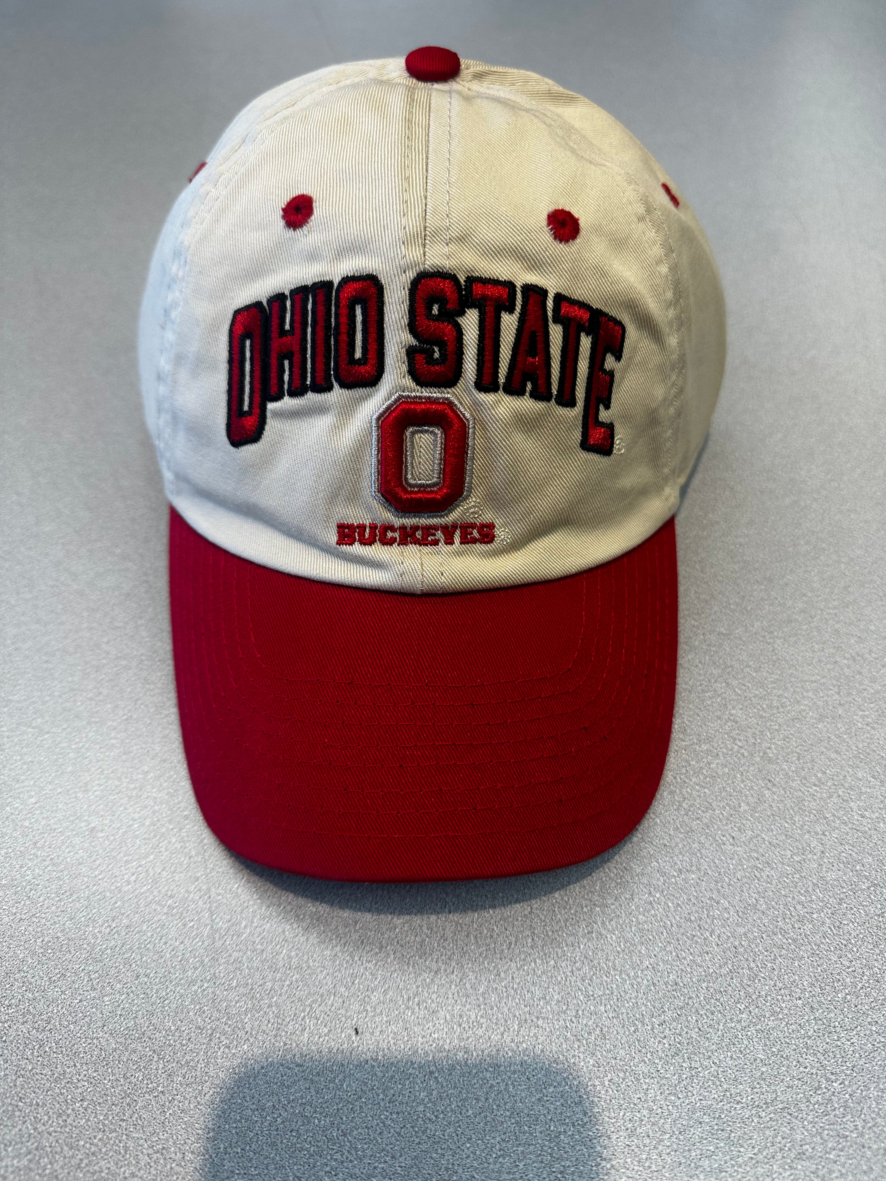 White and red Ohio State cap on a gray background