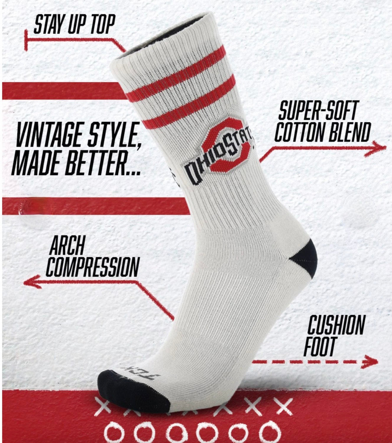 White sock with red accents featuring Ohio State logo on a white background with text highlighting features.