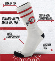 White sock with red accents featuring Ohio State logo on a white background with text highlighting features.