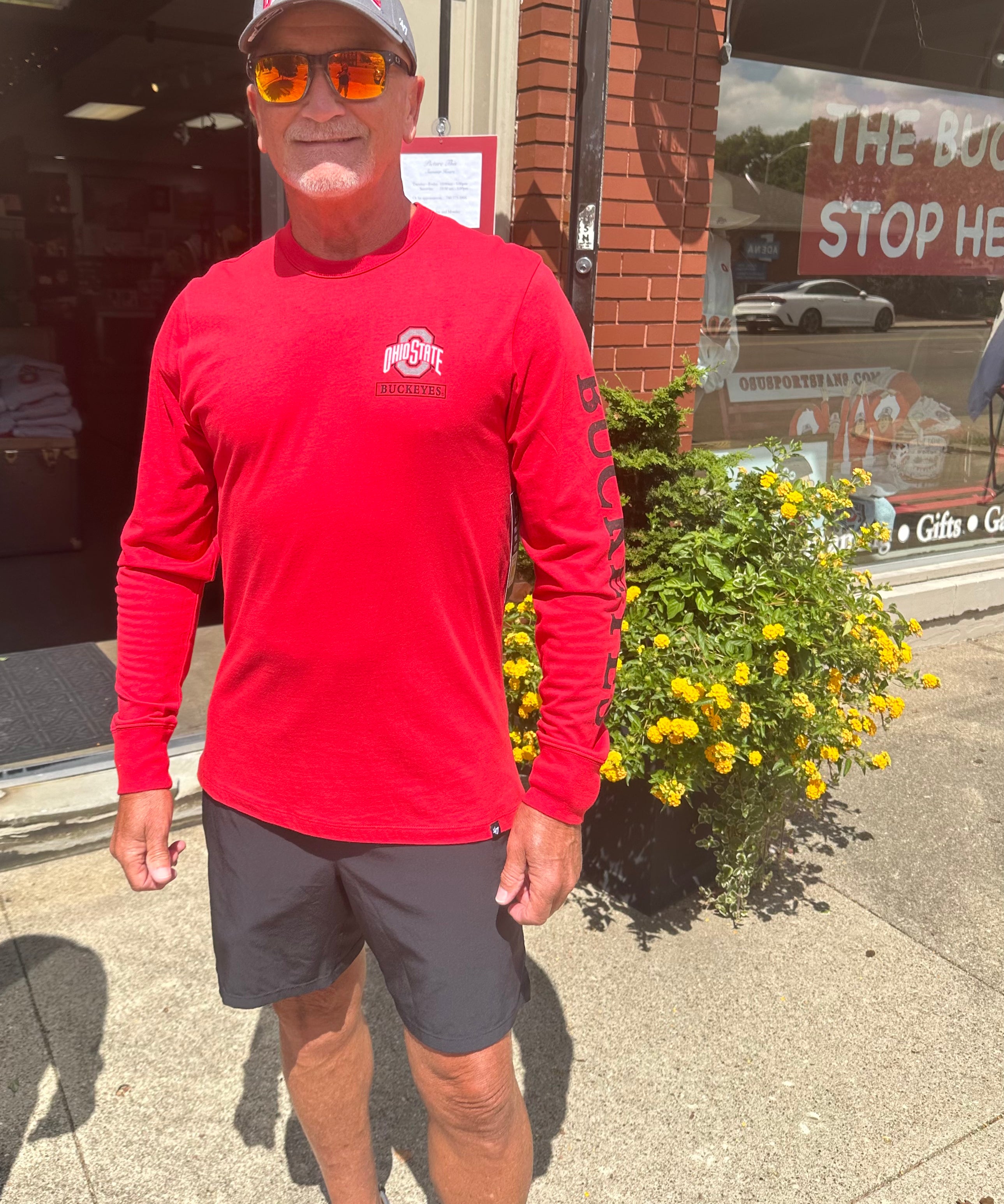 staffer wearing buckeye pullover long sleeve shirt