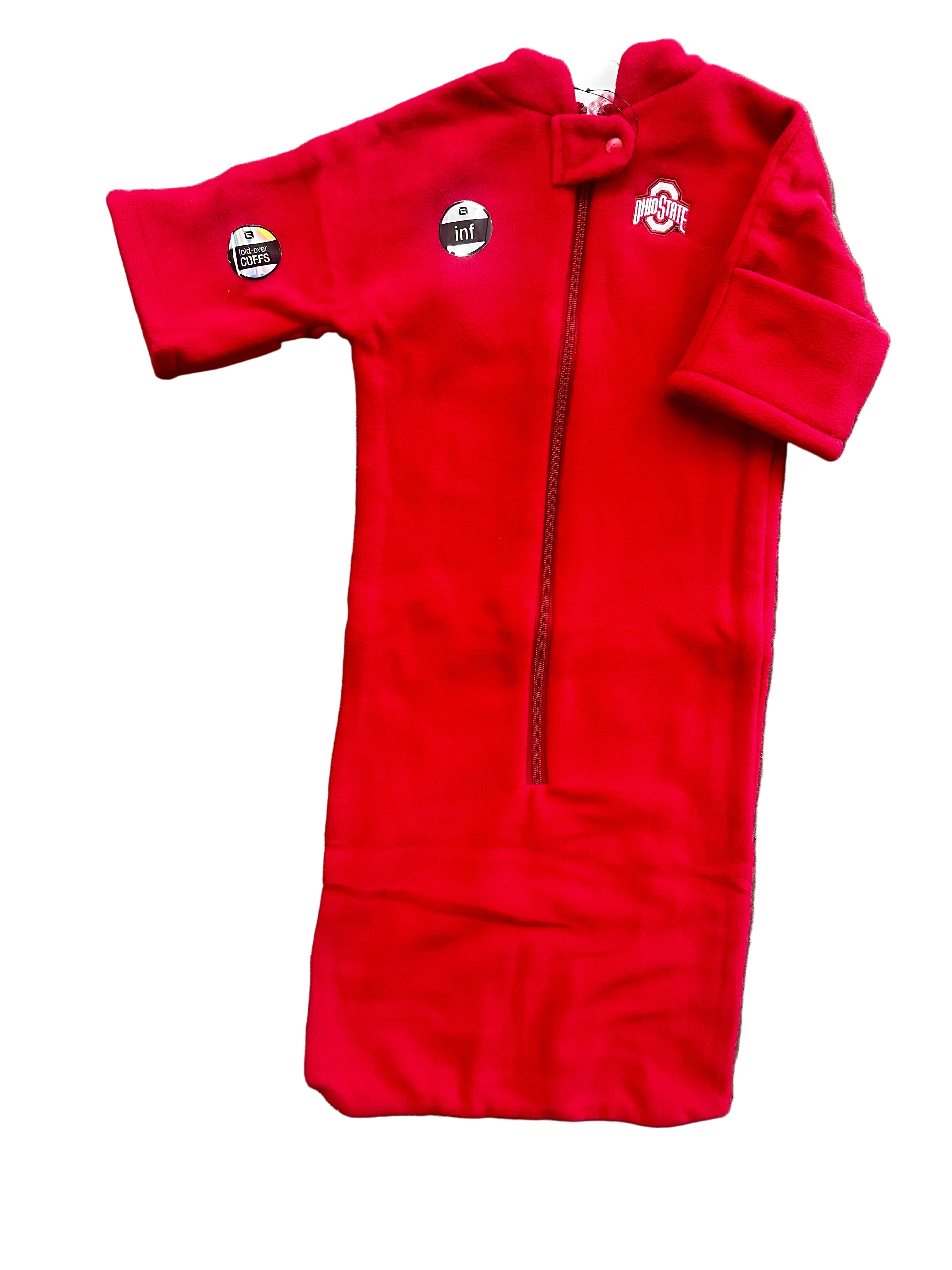 Red baby sleeping bag with logos on a gray surface