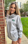 college girl wearing Ohio University Bobcats Patchwork Snorkel Neck Hoodie/ Heather Grey