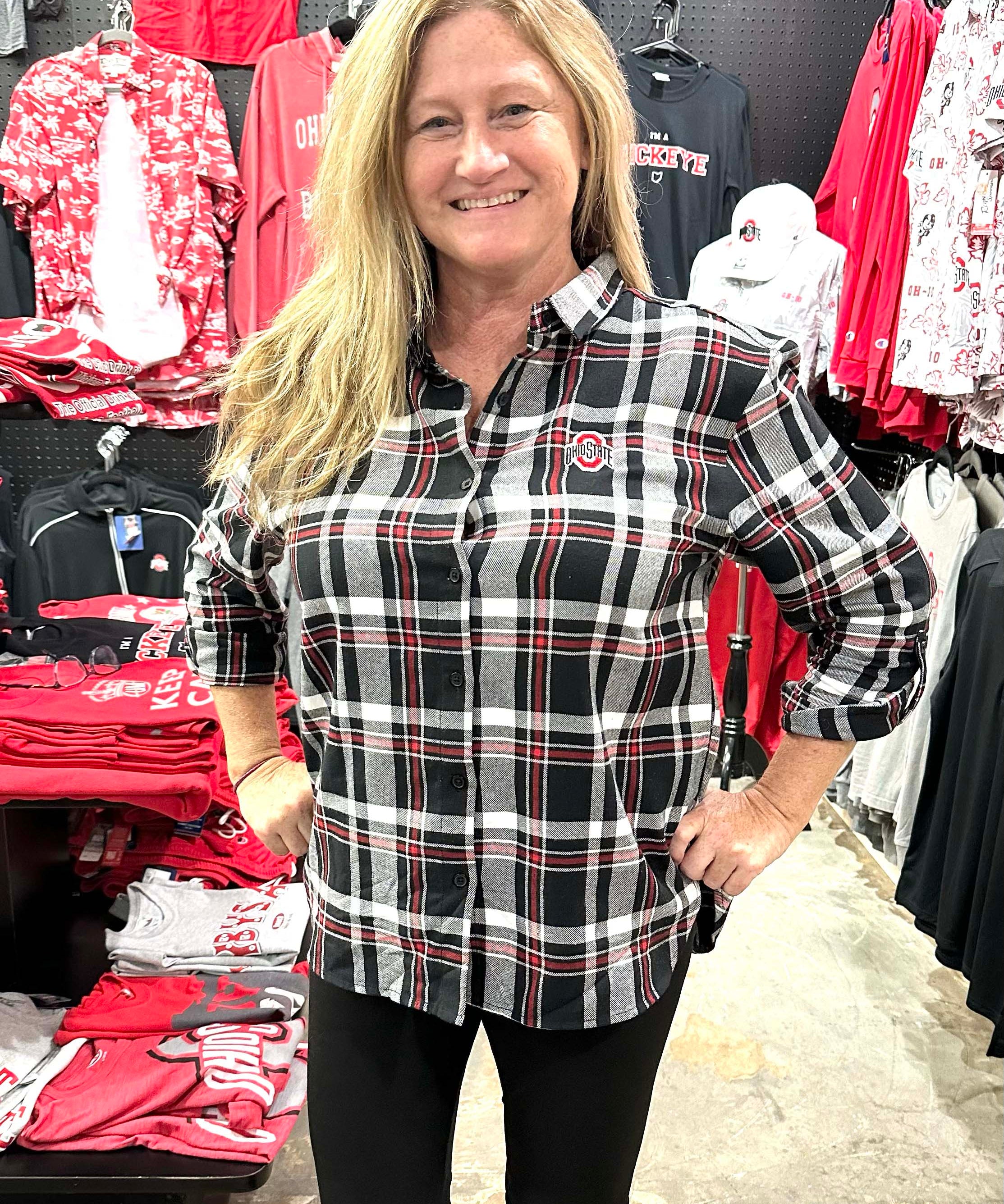 model in Ohio State Boyfriend Plaid by Chicka-d