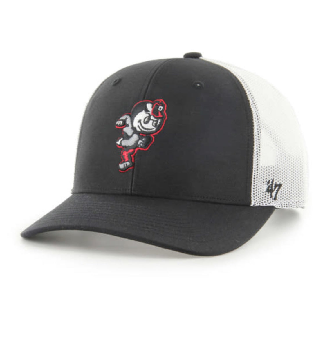 A black and white trucker hat featuring a cartoon mascot graphic on the front and a white mesh back, with a visible '47 logo on the side.