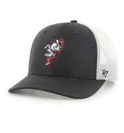 A black and white trucker hat featuring a cartoon mascot graphic on the front and a white mesh back, with a visible '47 logo on the side.