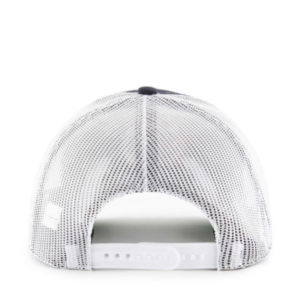 White mesh trucker cap viewed from the back, featuring a white plastic snapback closure and a black button on top.