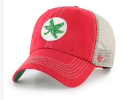 A red trucker-style baseball cap with a beige mesh back, featuring a white circular patch on the front with a green cannabis leaf embroidered in the center. The '47 brand logo is visible on the side.