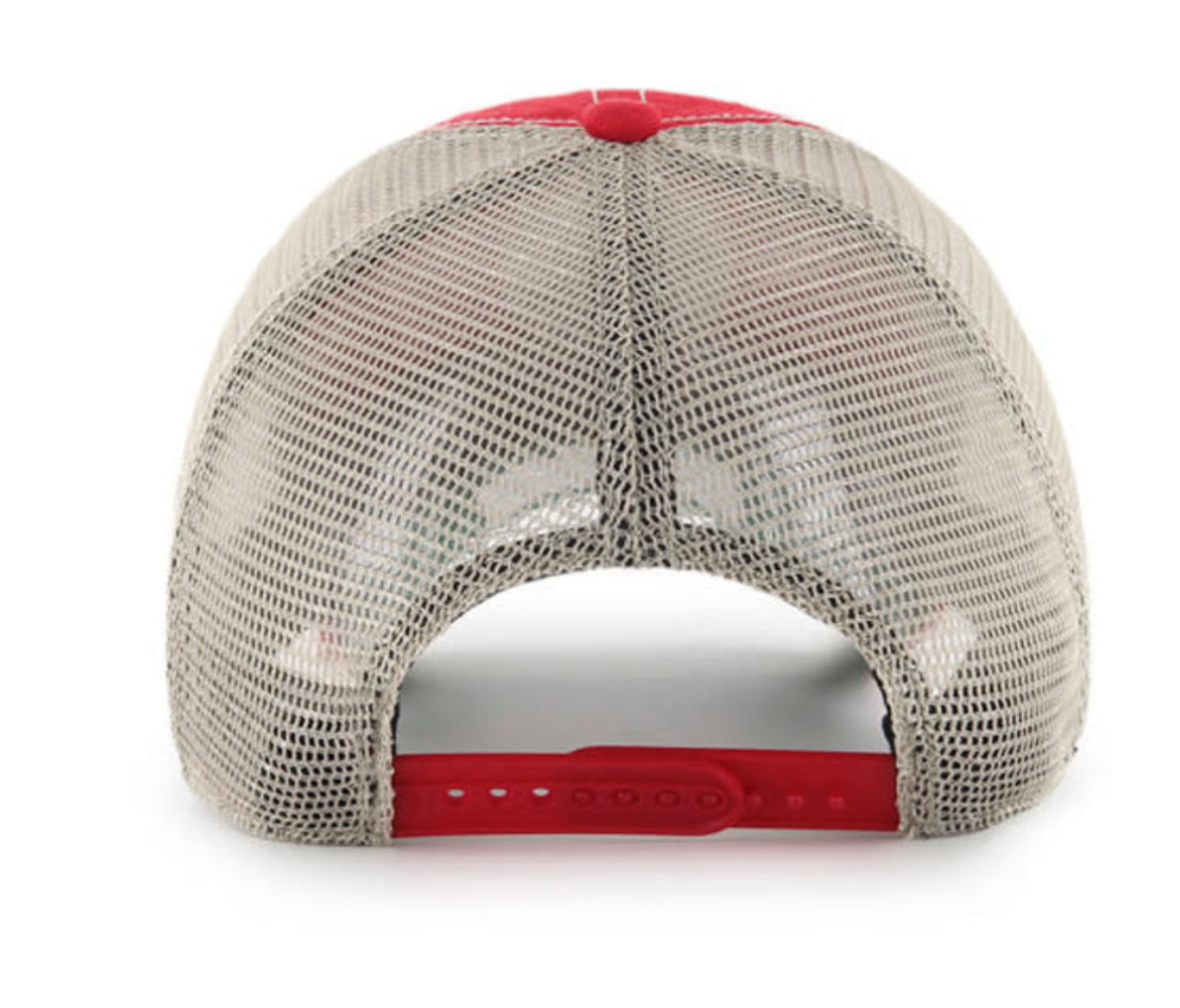 Rear view of a trucker-style baseball cap with a beige mesh back and red accents on the top button, crown, and adjustable strap.